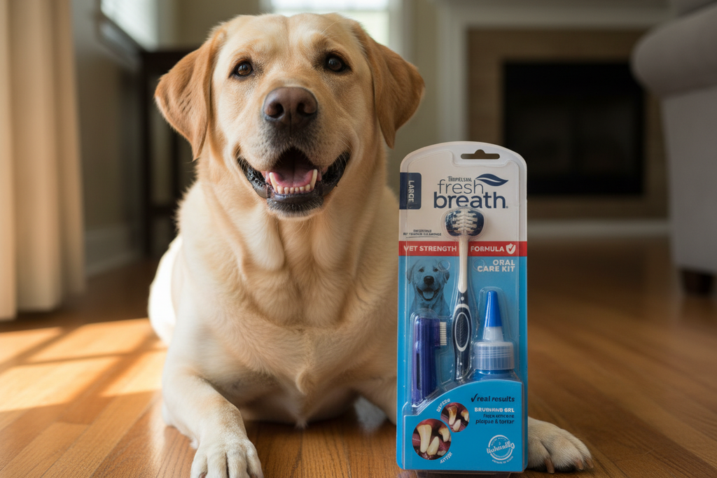 Happy large Labrador with clean white teeth sitting next to TropiClean Fresh Breath oral care kit — naturally derived dog dental hygiene kit