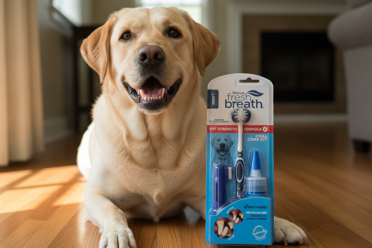 Happy large Labrador with clean white teeth sitting next to TropiClean Fresh Breath oral care kit — naturally derived dog dental hygiene kit