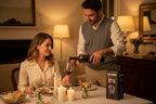 Couple at romantic dinner table man pouring wine through Houdini aerator lifestyle - More4less Outlet