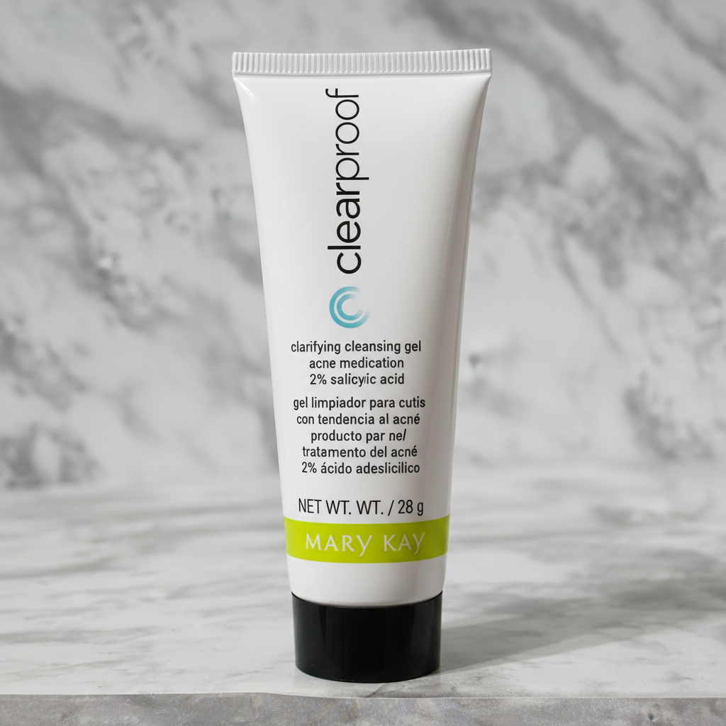 Macro close-up of Mary Kay Clear Proof Clarifying Cleansing Gel tube front label showing 2% Salicylic Acid
