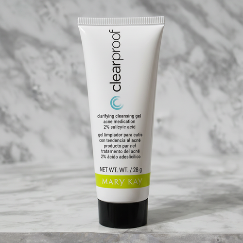 Macro close-up of Mary Kay Clear Proof Clarifying Cleansing Gel tube front label showing 2% Salicylic Acid