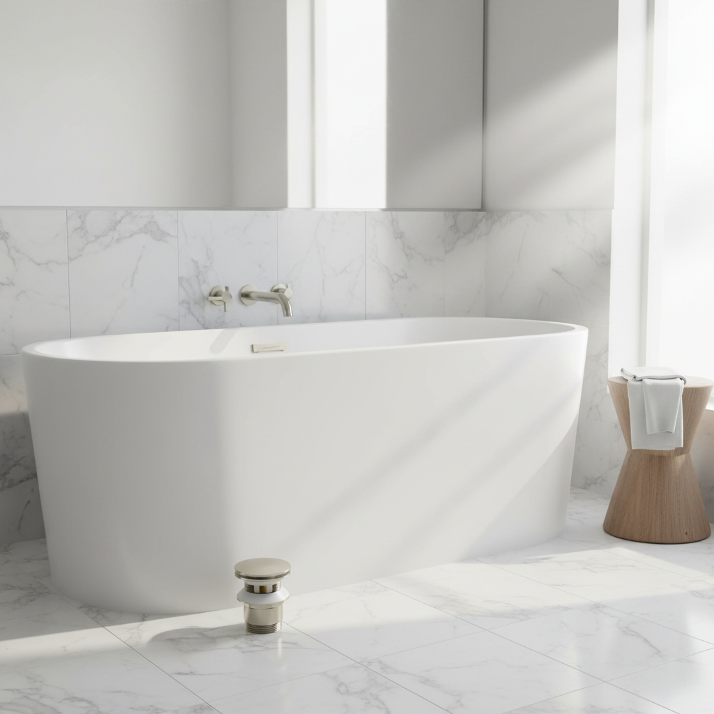 American Standard satin nickel overflow cover plate installed on the side of a white freestanding soaking tub in a modern luxury bathroom