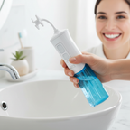 Miracle Smile Water Flosser being held over a bathroom sink, person smiling with bright white teeth in the background.