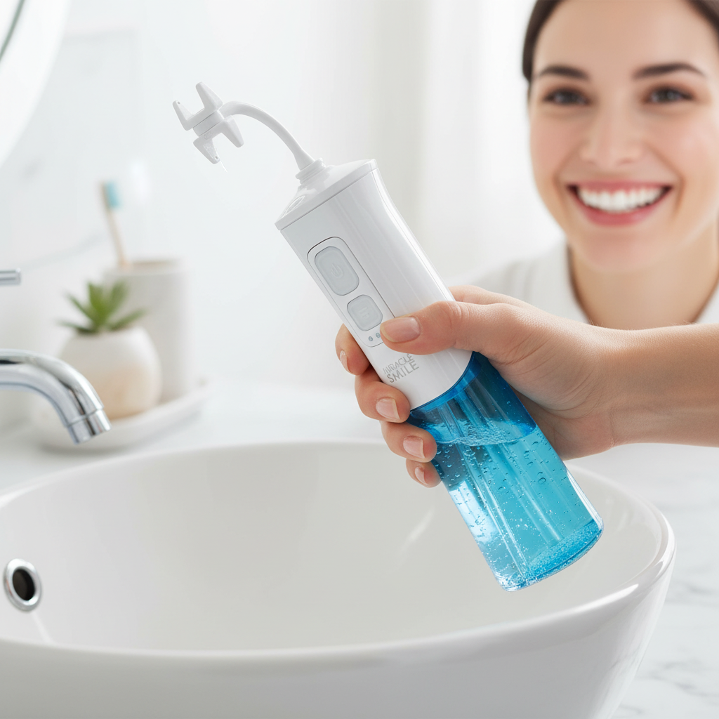 Miracle Smile Water Flosser being held over a bathroom sink, person smiling with bright white teeth in the background.