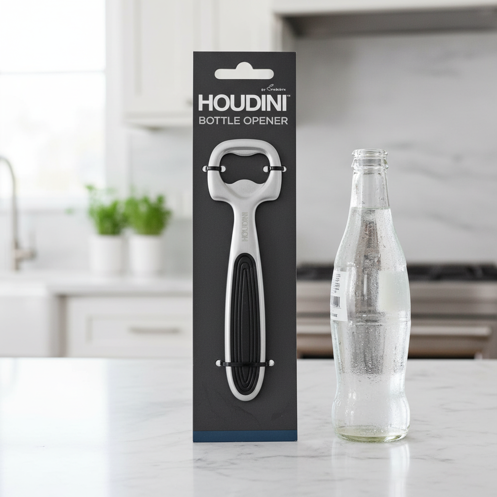 Houdini by Rabbit bottle opener displayed on white marble kitchen countertop next to chilled glass soda bottle.
