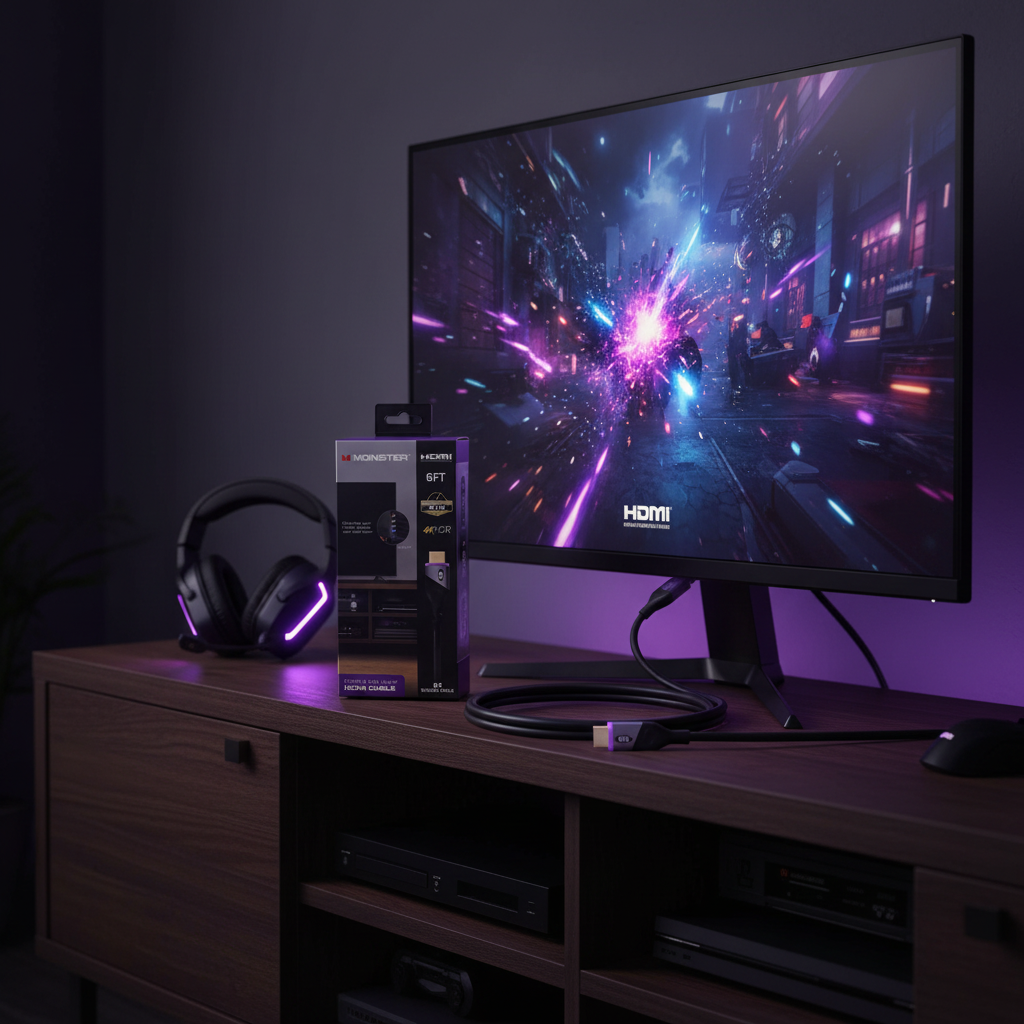 Monster 6ft Purple LED HDMI Cable packaging and unboxed cable on dark oak media console with gaming headset and glowing 4K gaming monitor