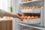 Close-up of a hand gently removing a brown egg from the front of a white 2-tier gravity-fed refrigerator egg dispenser