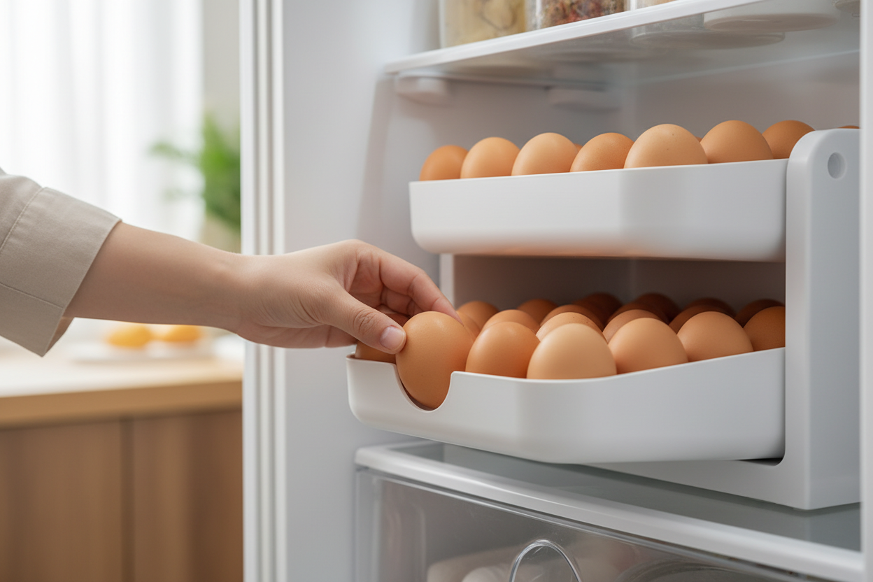 Close-up of a hand gently removing a brown egg from the front of a white 2-tier gravity-fed refrigerator egg dispenser