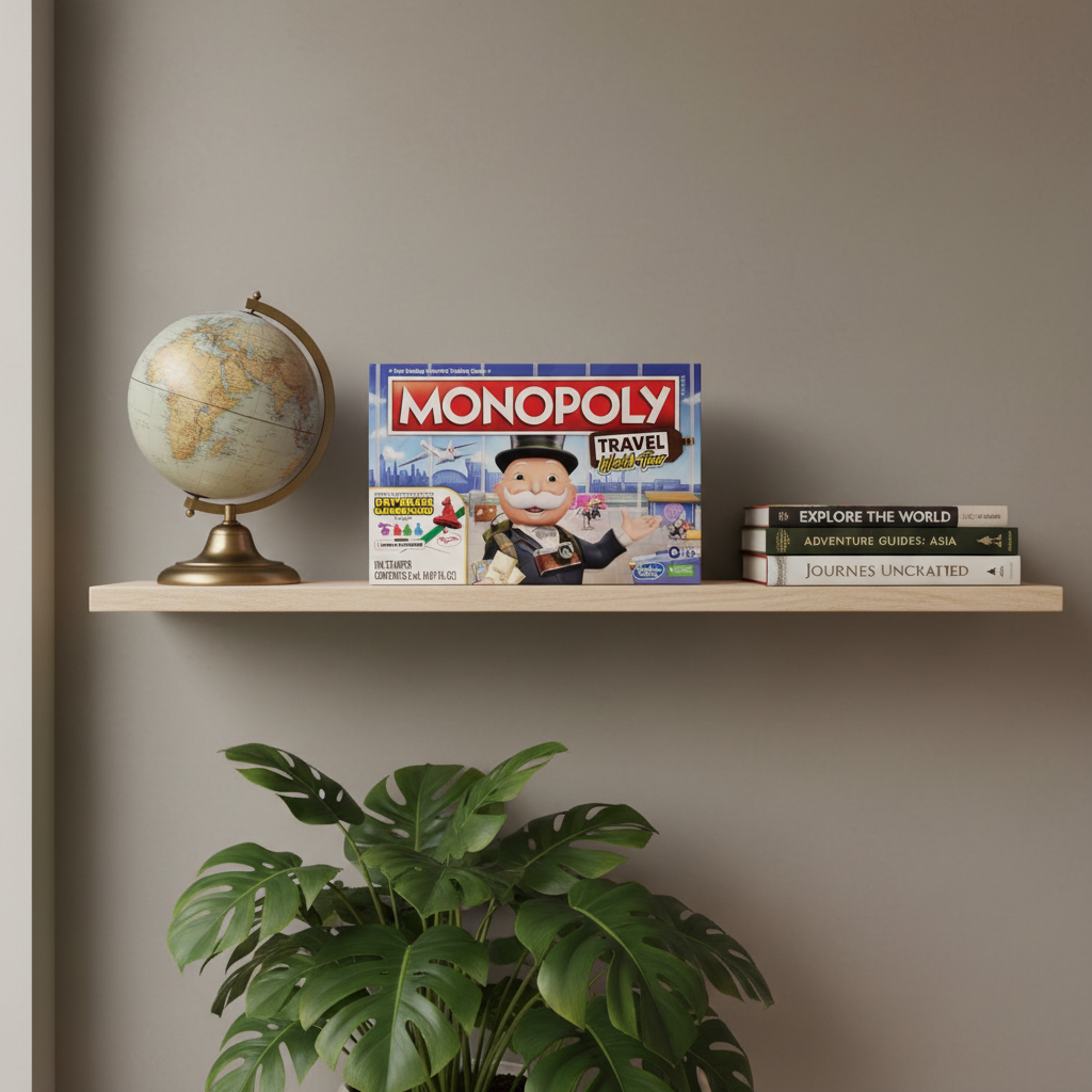 Monopoly Travel World Tour Board Game displayed with globe and travel books - More4less Outlet