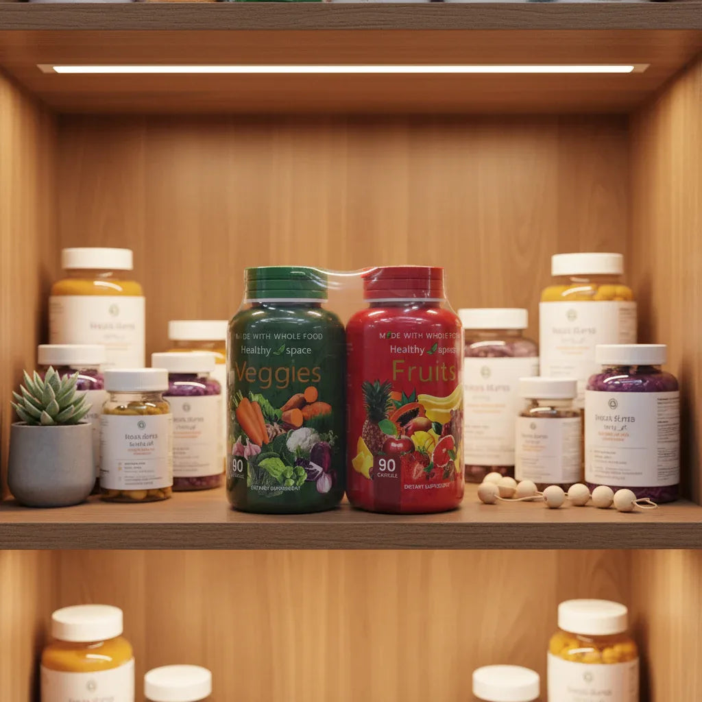 Healthy Space Fruits & Veggies supplement bundle inside organized wooden healthy lifestyle cupboard with supplement containers and soft recessed lighting