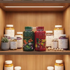 Healthy Space Fruits & Veggies supplement bundle inside organized wooden healthy lifestyle cupboard with supplement containers and soft recessed lighting