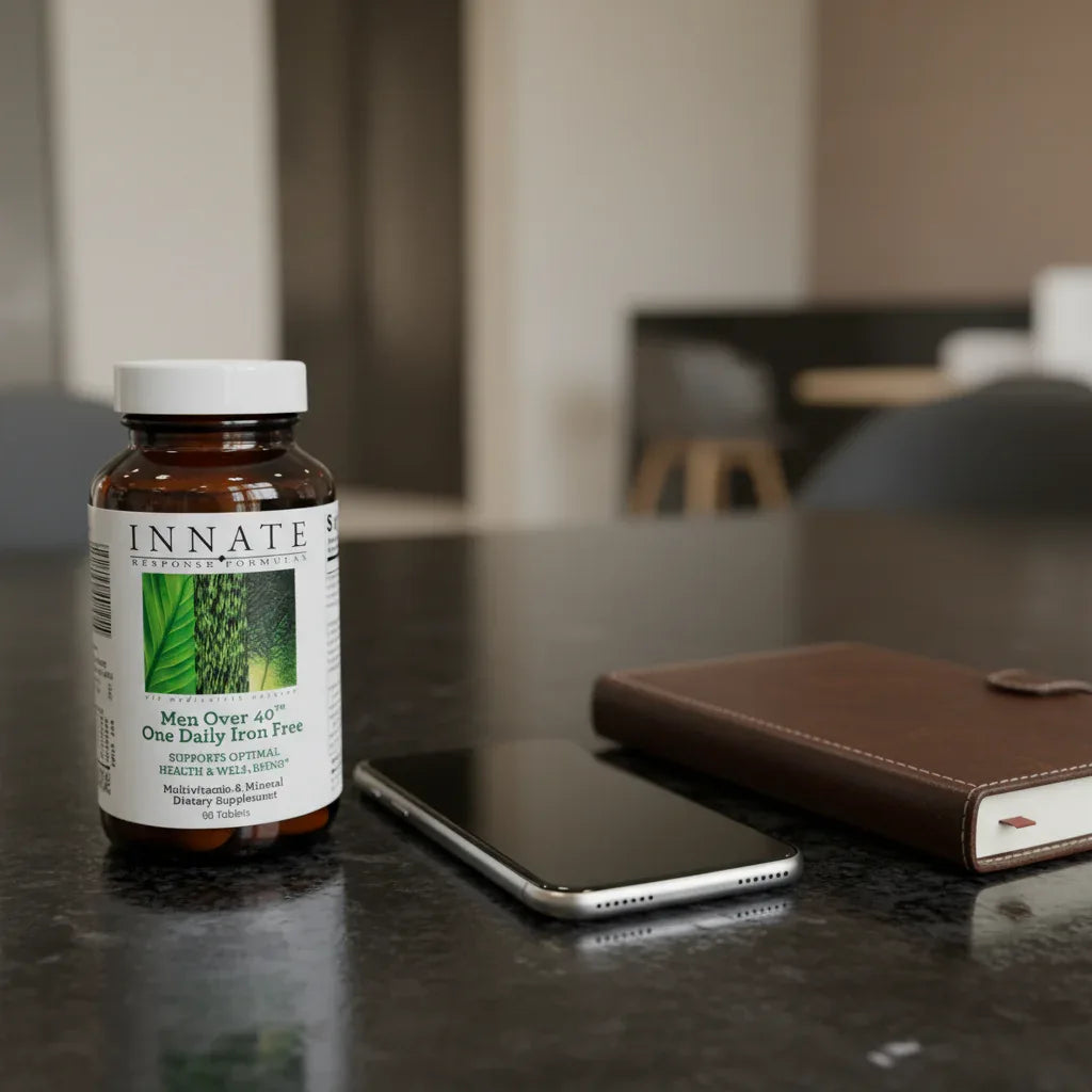 Innate Response Men Over 40 Multivitamin on black granite office desk with metallic smartphone and leather daily planner