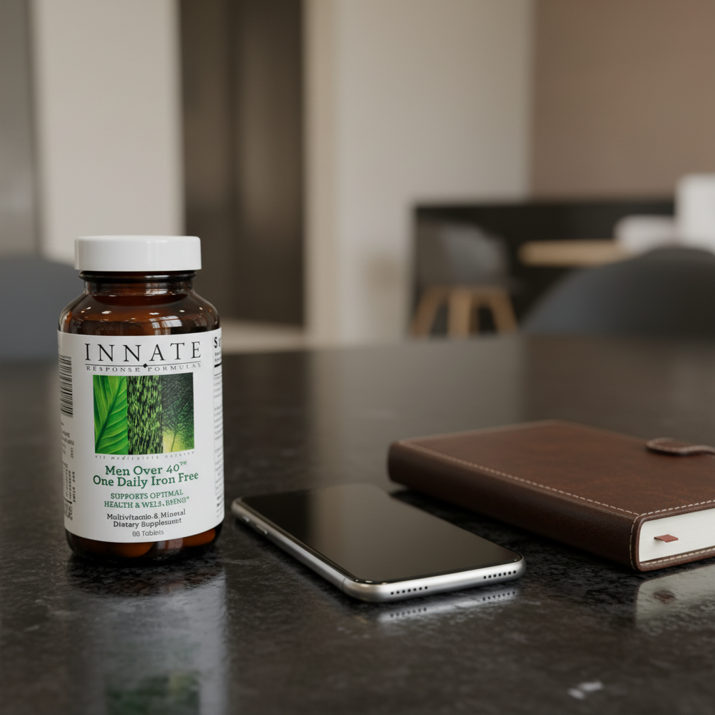 Innate Response Men Over 40 Multivitamin on black granite office desk with metallic smartphone and leather daily planner