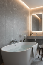Grohe Lineare StarLight chrome tub spout with diverter installed on grey stone tile wall in luxury spa bathroom with deep soaking tub