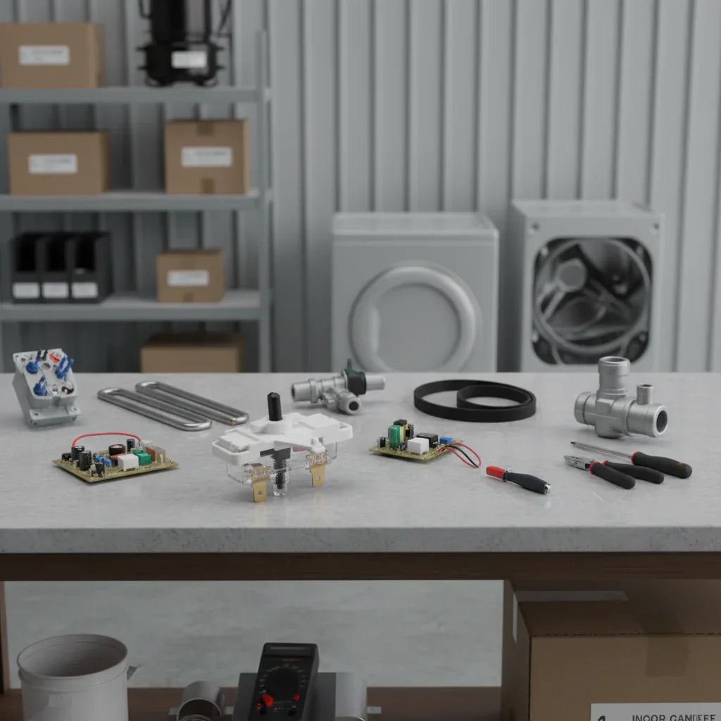 Clean industrial workspace with major appliance repair components on stone workbench