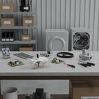 Clean industrial workspace with major appliance repair components on stone workbench