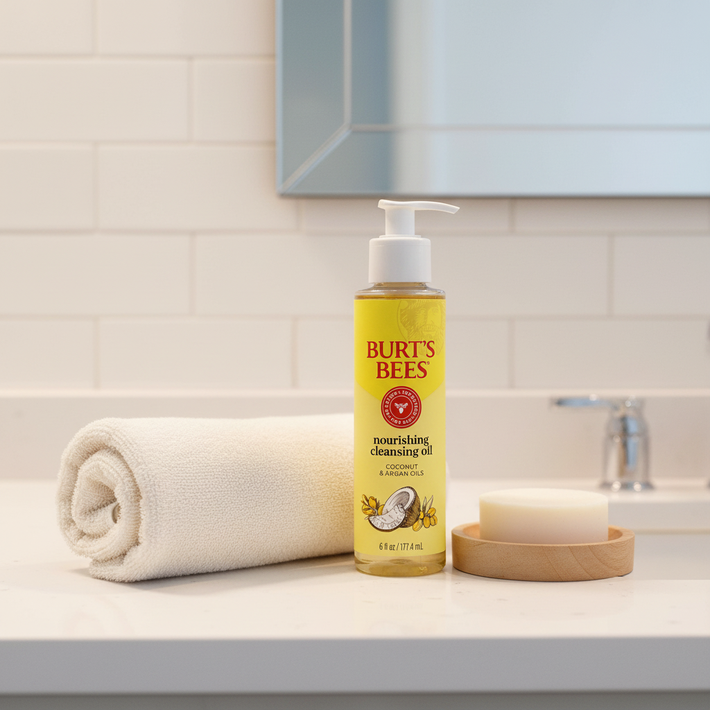 Burt's Bees Nourishing Cleansing Oil on white quartz bathroom vanity with rolled cotton face towel and wooden soap dish