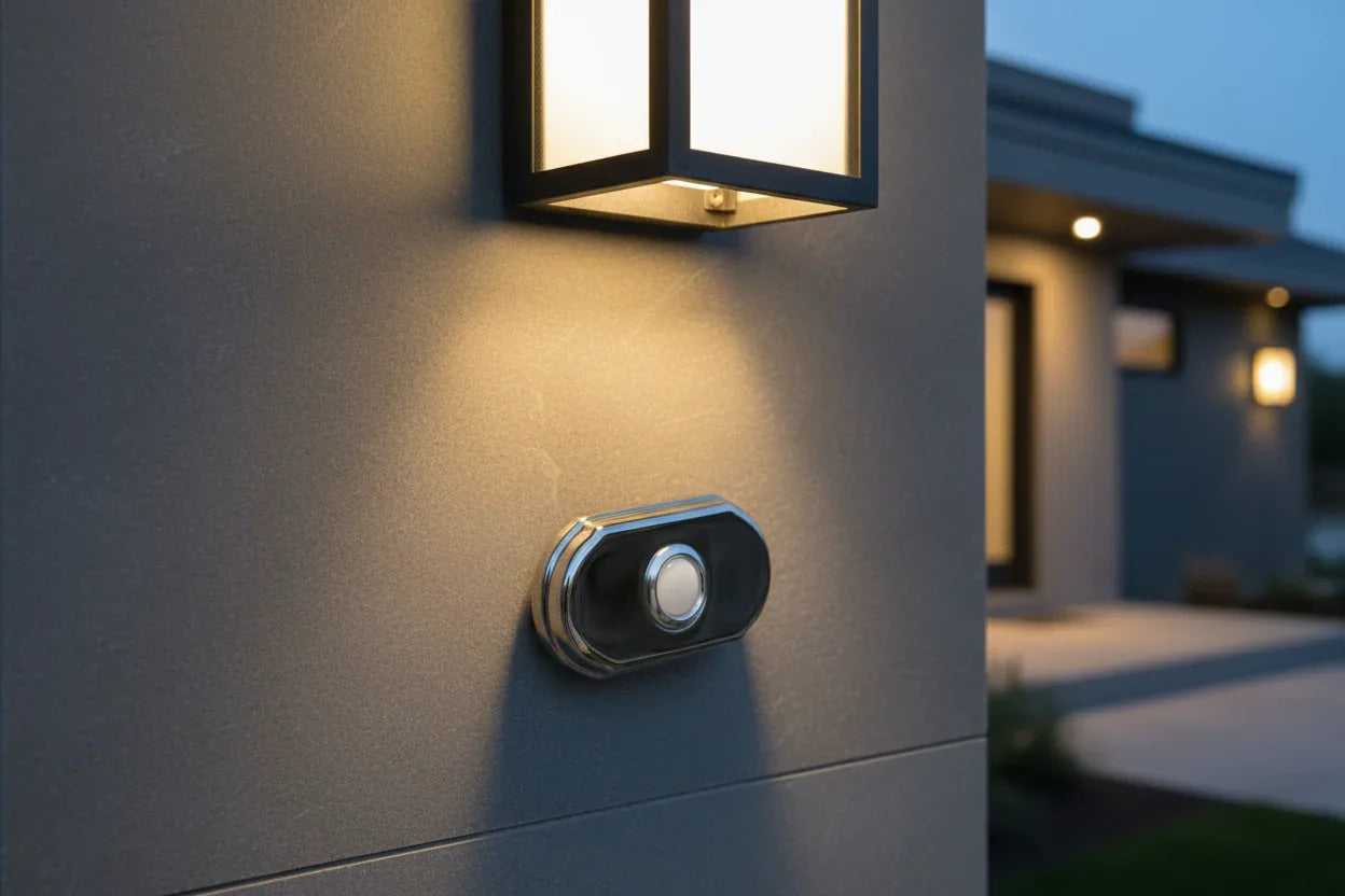 Baldwin Arch Doorbell Button Polished Chrome on modern gray slate entry wall with warm porch lighting