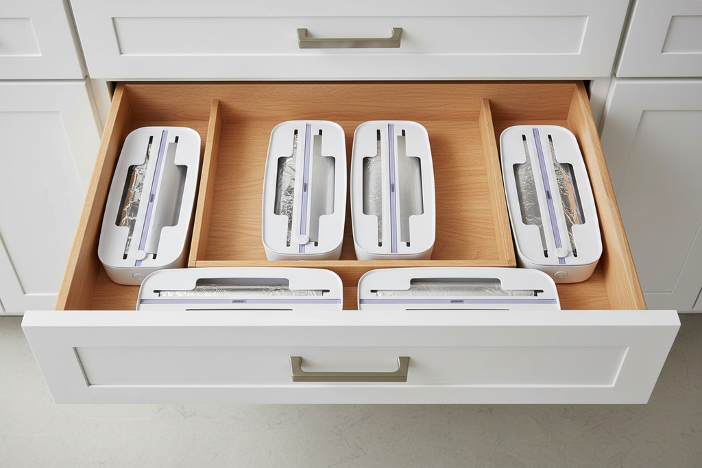 Neatly organized modern kitchen drawer with white wrap dispensers holding aluminum foil and plastic wrap rolls