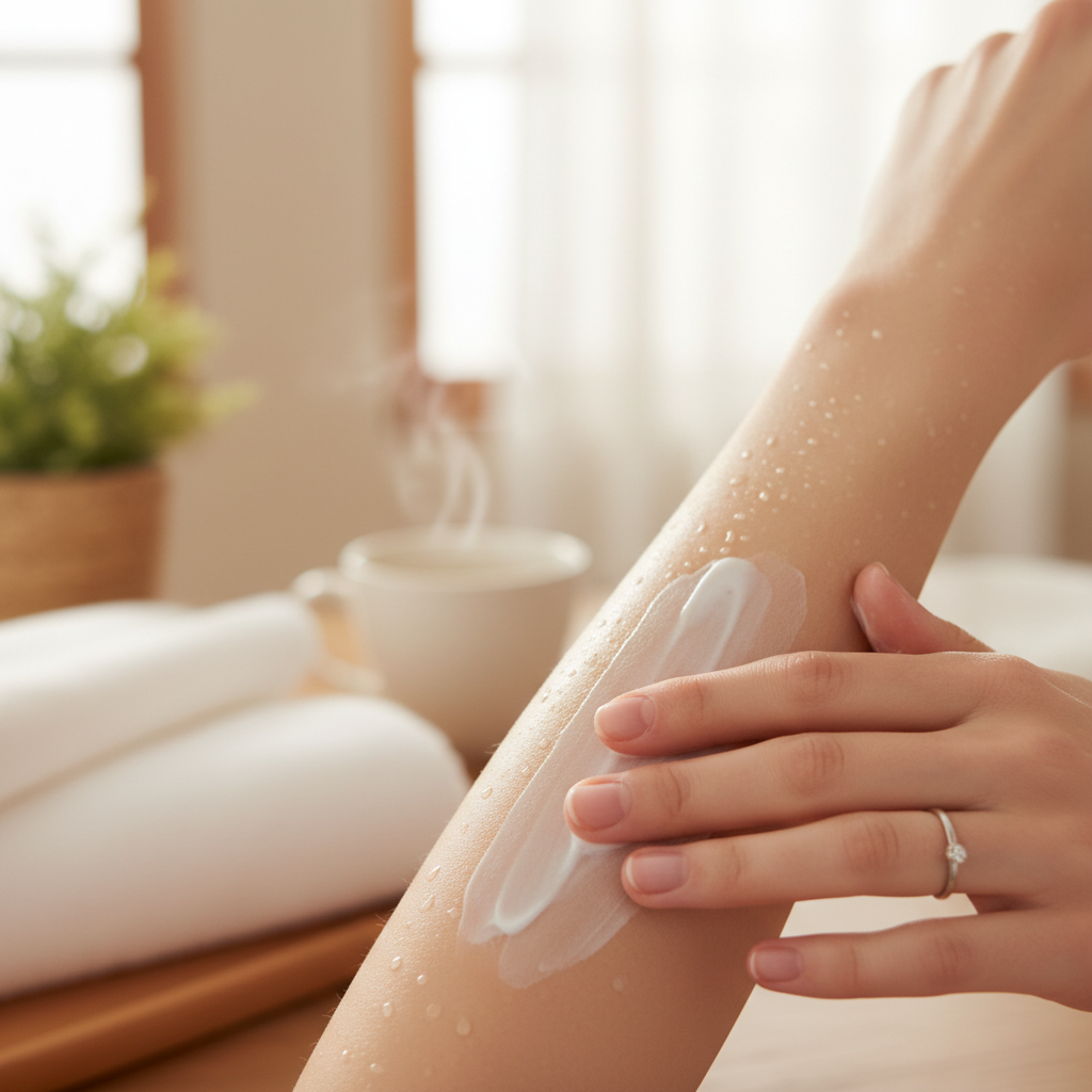Close-up of hands massaging hydrating body lotion into smooth skin after warm bath