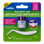 Close-up of a DenTek Temparin Max Advanced Repair Kit card with vial and applicator tool