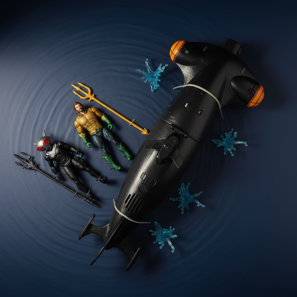 Aquaman vs Black Manta battle set flat lay showing submarine, two action figures, and trident accessories on dark blue surface — More4less Outlet lifestyle image