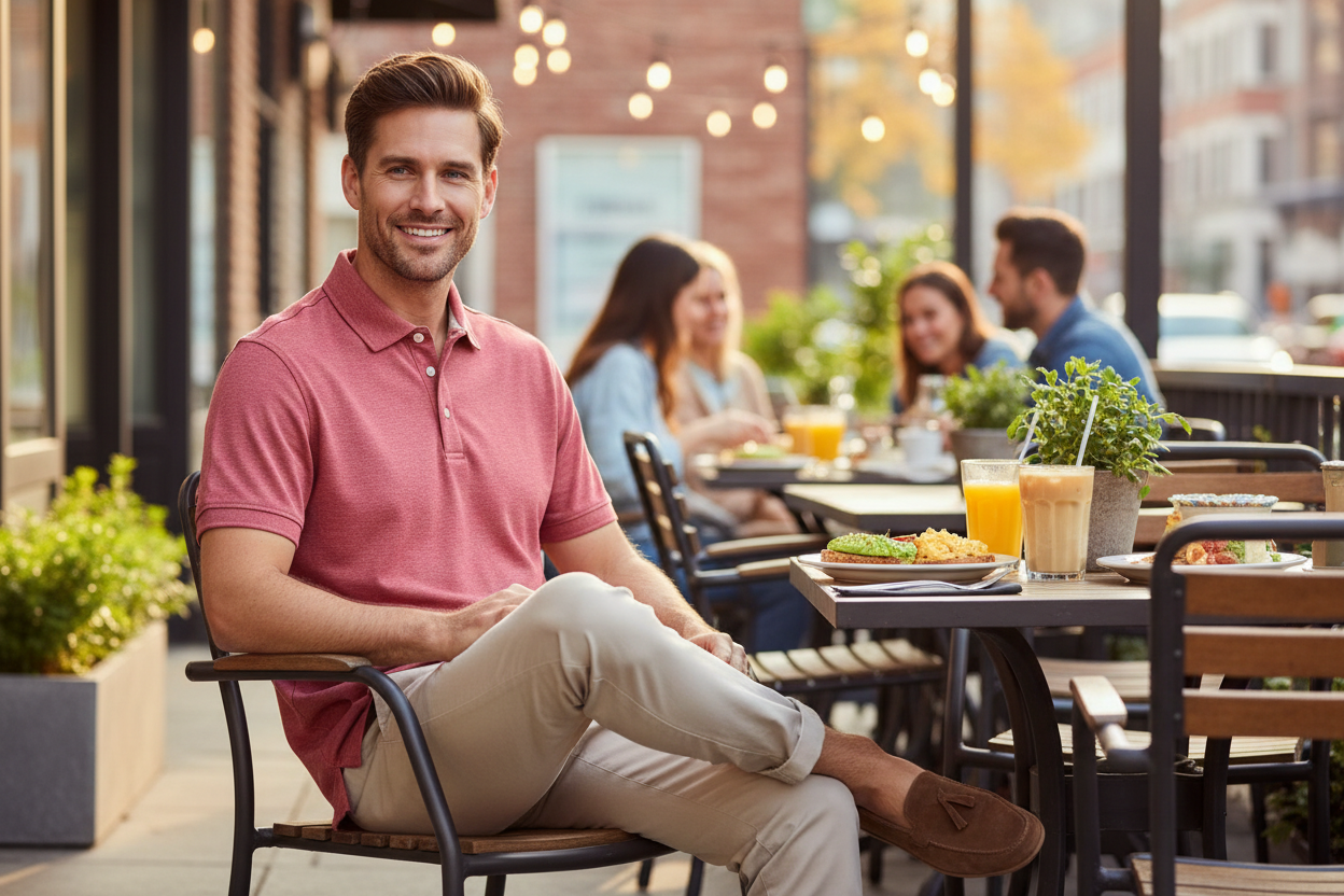IZOD Saltwater Men's polo shirt heathered saltwater red size M worn by man at outdoor patio brunch with chinos – More4less Outlet