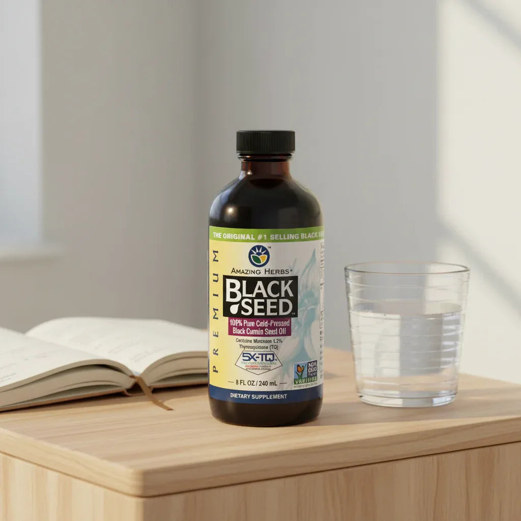 Amazing Herbs Black Seed Oil bottle on light-wood bedside table with morning wellness journal and clear glass of water