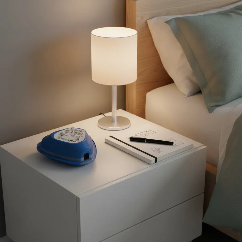 ResMed AirTouch F20 memory foam cushion on minimalist nightstand with table lamp and healthy lifestyle journal