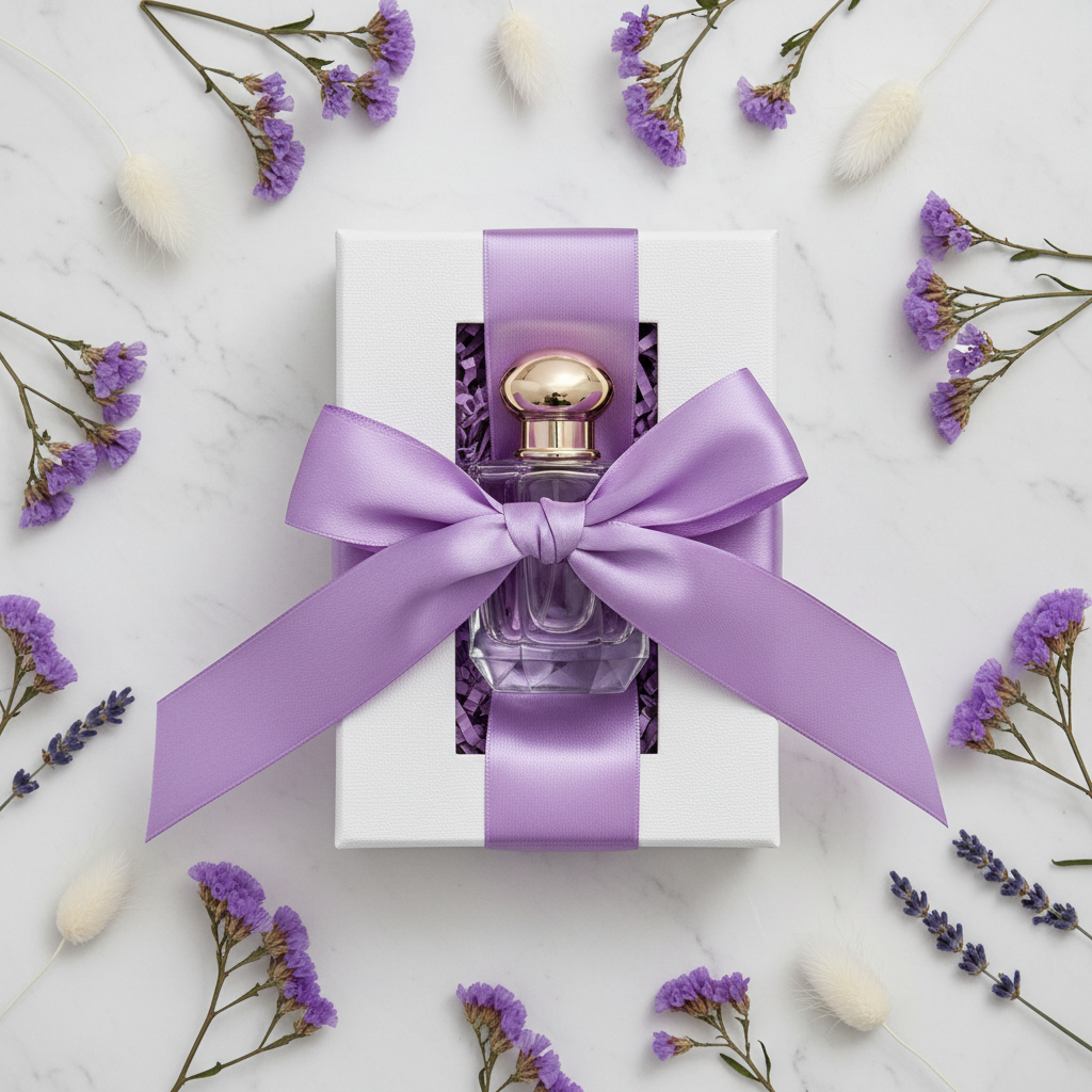 Lifestyle — purple perfume bottle in gift box with lavender ribbon bow, dried wildflowers, and purple tissue paper on white marble — editorial for visual context only