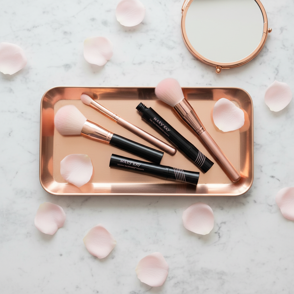 Mary Kay Lash Love Lengthening Mascara I Love Black glossy black tube with pink branding on a rose-gold vanity tray with makeup brushes, a small mirror, and pink rose petals on white marble — feminine beauty flat-lay