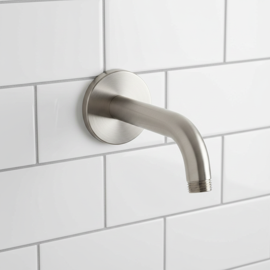 Grohe wall mount shower arm with escutcheon brushed nickel close-up showing finish texture and round escutcheon plate against white tile