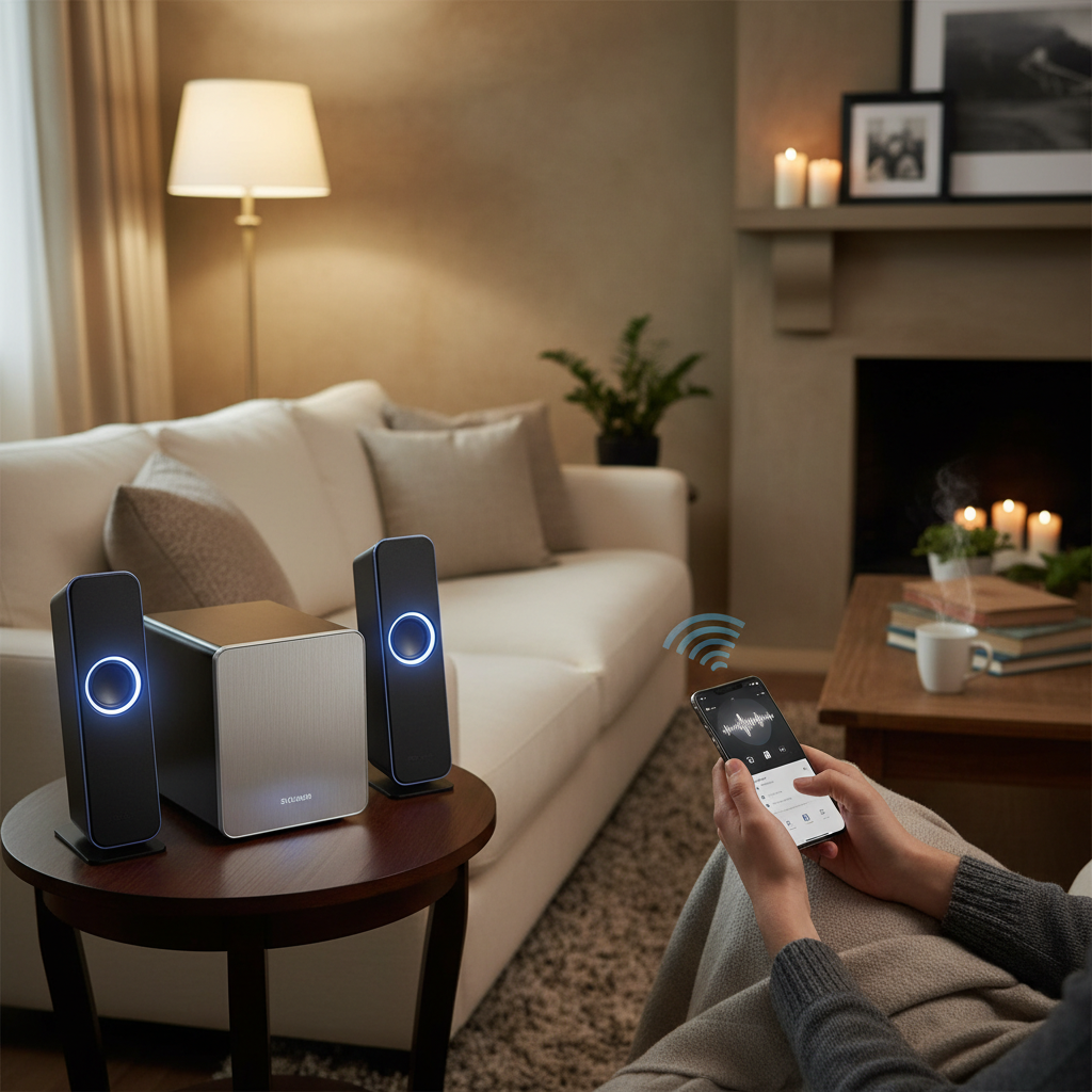 Person on couch streaming music wirelessly to 2.1 channel speaker setup on side table