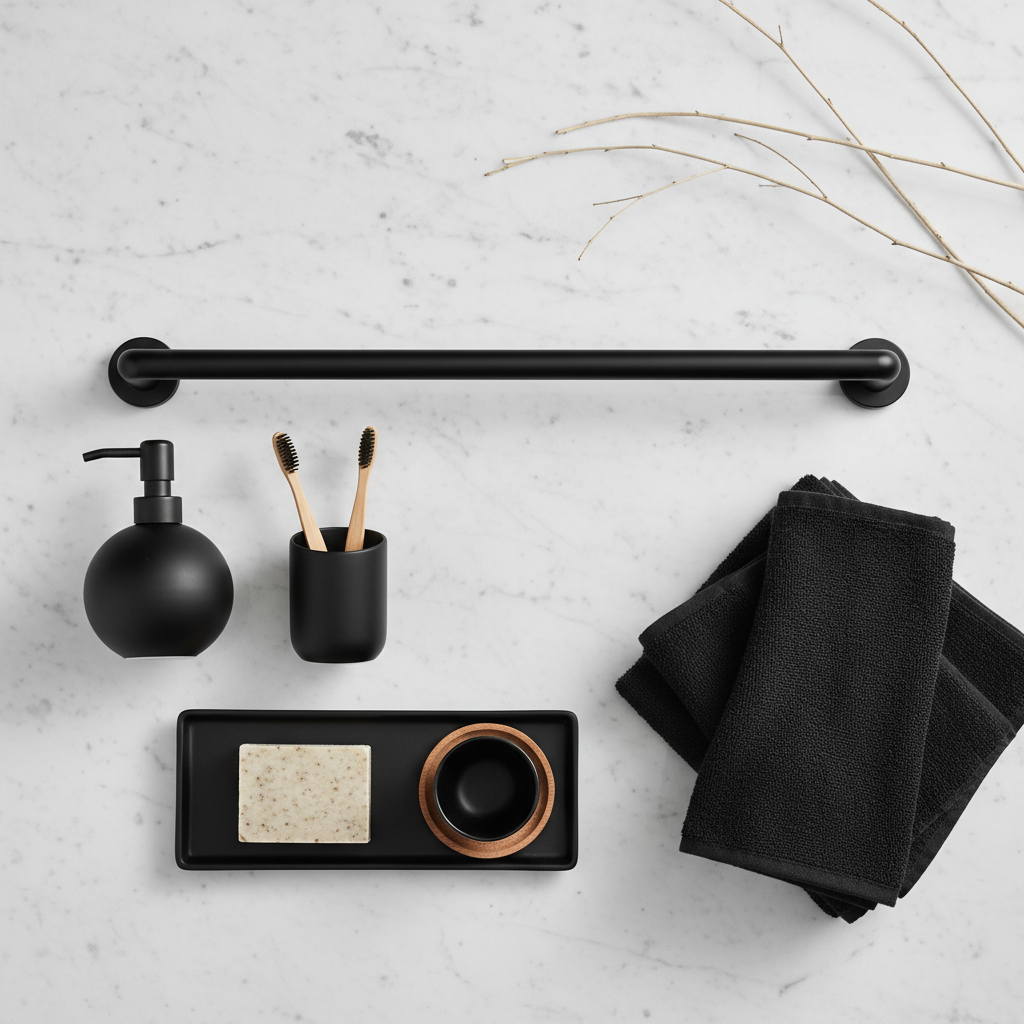 Minimalist flat lay on marble with matte black towel bar, matching accessories, and wooden accents