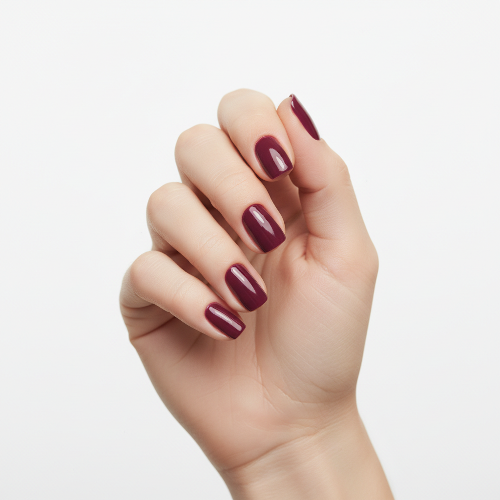Woman's hand with freshly painted nails in deep berry shade — Mary Kay In A Flash Nail Enamel — More4less Outlet