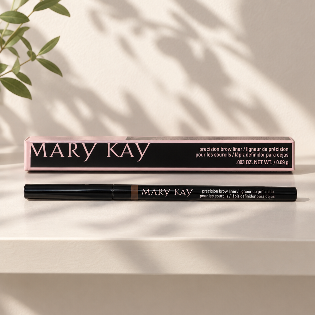 Mary Kay Precision Brow Liner pencil and retail box on a pale shelf in morning light