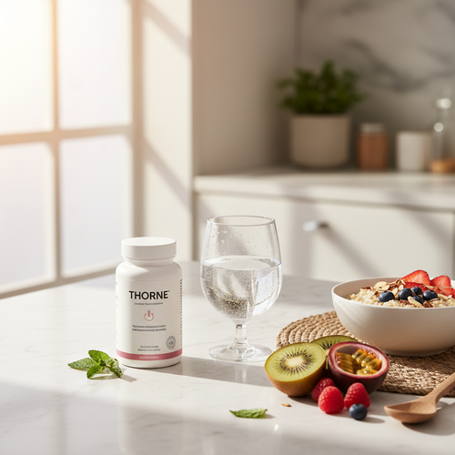 Thorne supplement bottle next to glass of water and healthy breakfast