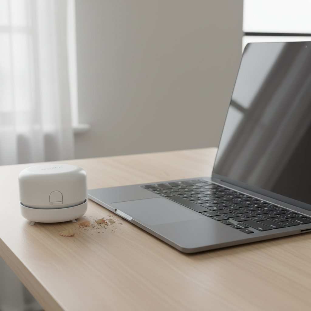 Small white circular mini desktop vacuum on a tidy modern home office desk next to a laptop keyboard with eraser crumbs nearby