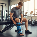 Athlete wearing ankle compression sleeve during recovery session in gym, cold therapy application on ankle