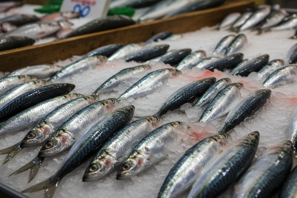 Fresh anchovies sardines and mackerel on ice - natural Omega-3 fish oil sources