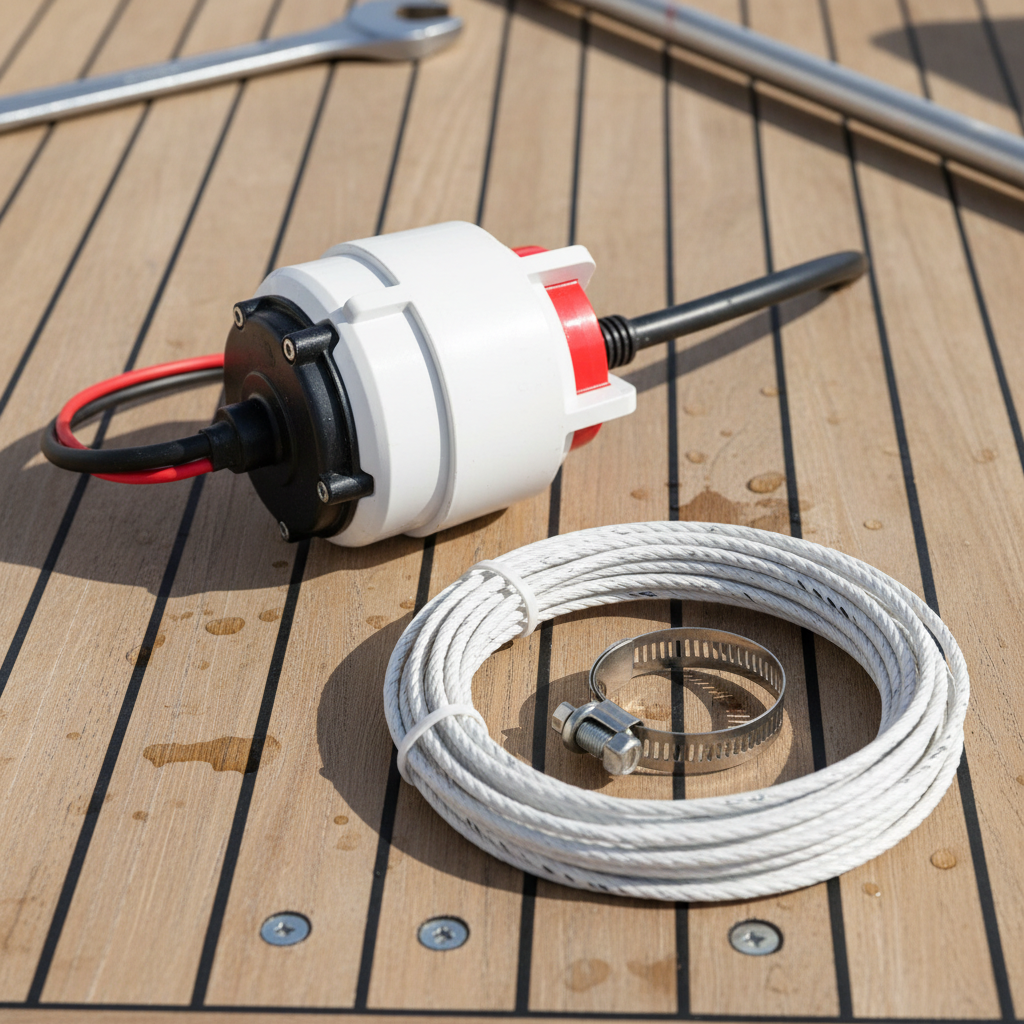 Lifestyle — white and red marine bilge pump on weathered teak boat deck beside coiled marine wire harness and stainless hose clamp — nautical workshop flatlay editorial for visual context only