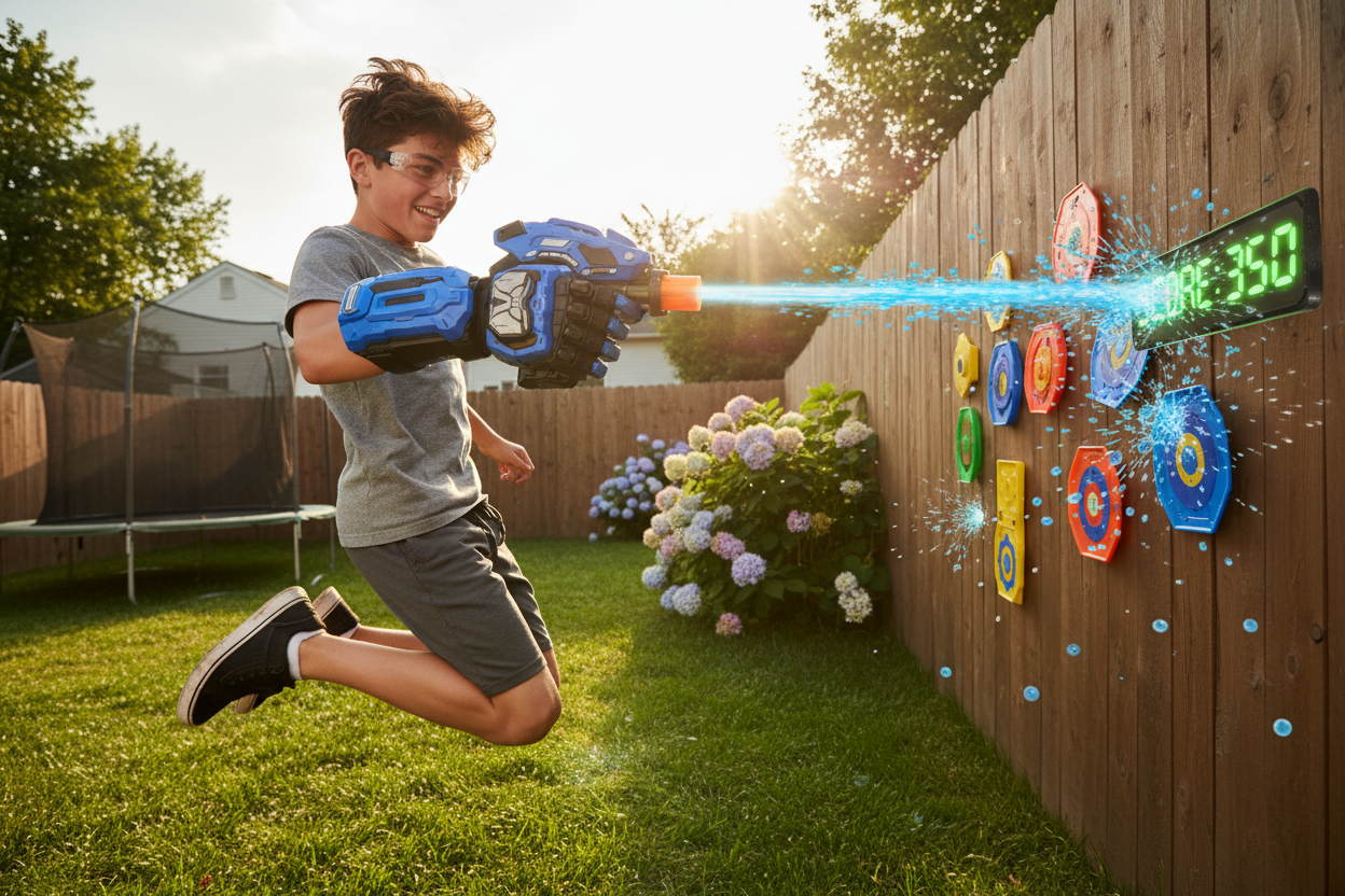 Gelbee Flurry Glove Gel BB Blaster worn by teen firing in sunny backyard action scene — More4less Outlet
