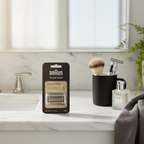 Braun Series 9 Pro shaver head replacement pack on white marble vanity with soft morning light and grooming accessories – More4less Outlet