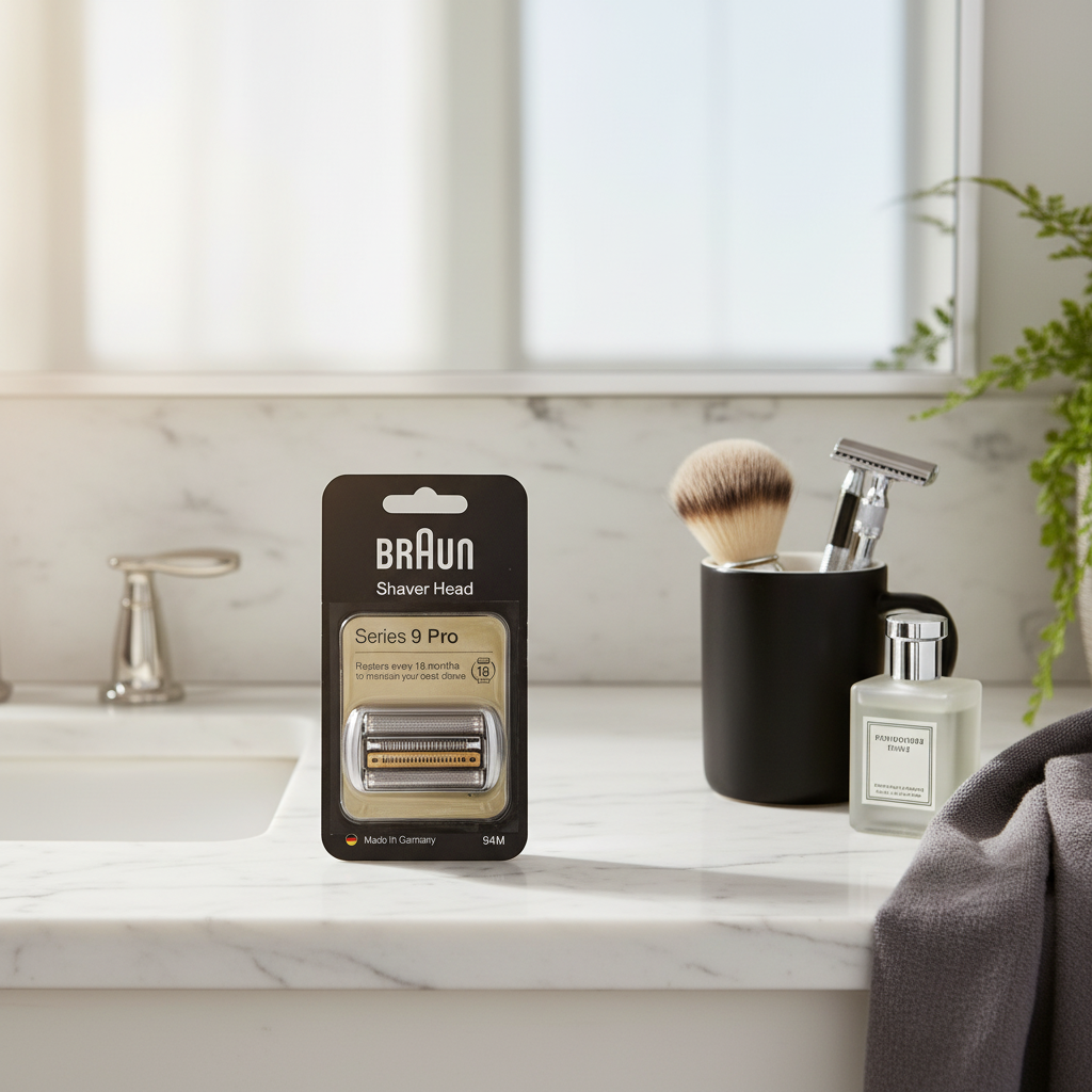 Braun Series 9 Pro shaver head replacement pack on white marble vanity with soft morning light and grooming accessories – More4less Outlet