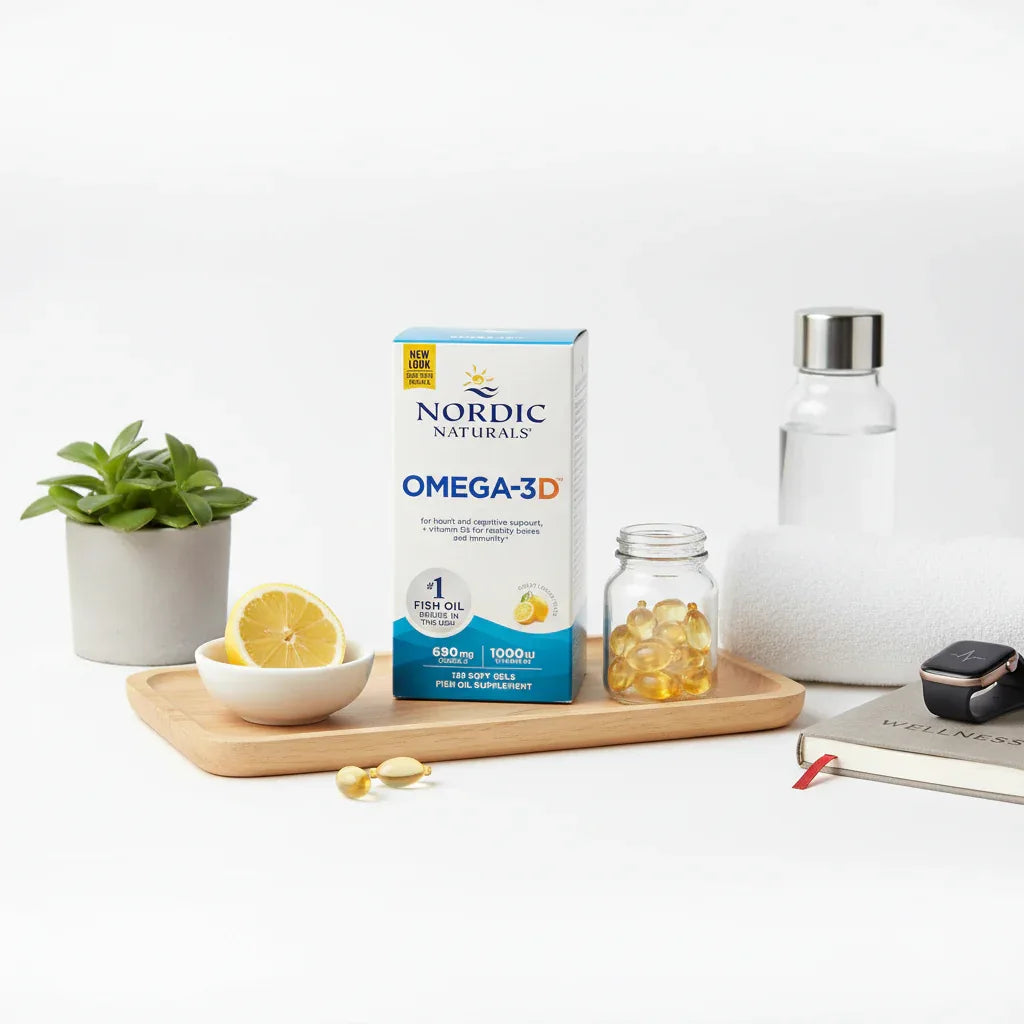 Detailed wellness aesthetic focusing on Nordic Naturals supplement box consistency and daily lifestyle health