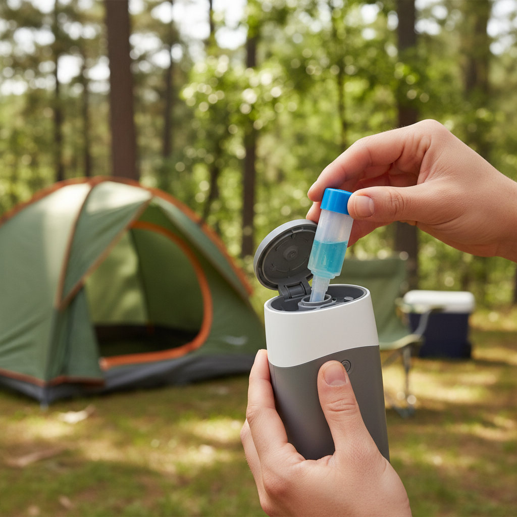 Hands inserting blue-capped Thermacell refill cartridge into E-Series rechargeable repeller at outdoor campsite