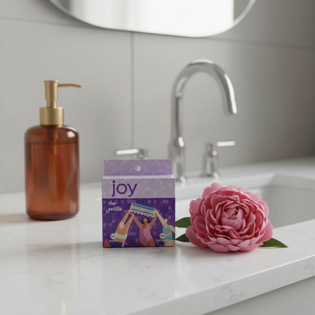 Joy 5-Blade Razor Refills 8ct on white quartz vanity top with amber glass dispenser and fresh peony