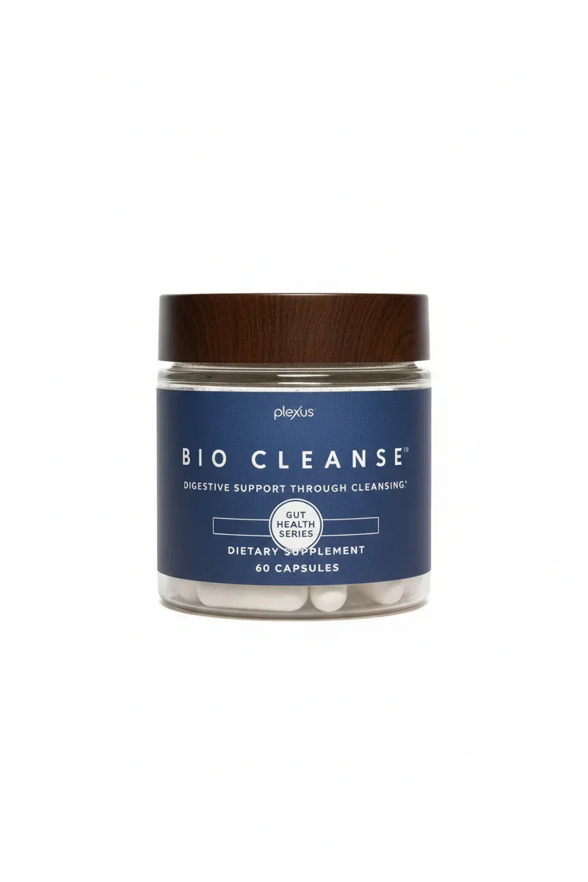 Plexus Bio Cleanse close-up hero shot navy blue label glass jar wood lid