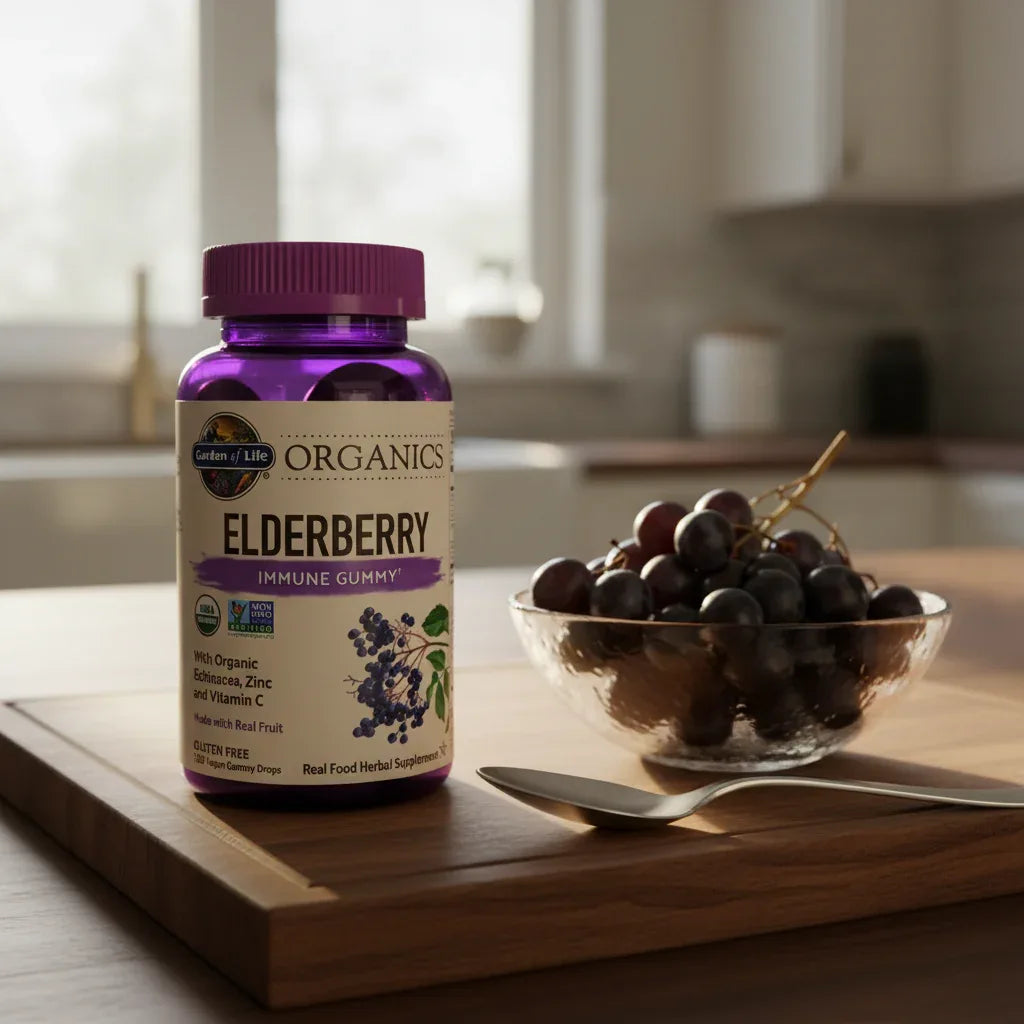 Garden of Life Elderberry Gummies bottle on dark-wood breakfast island with bowl of fresh organic grapes and modern silver spoon