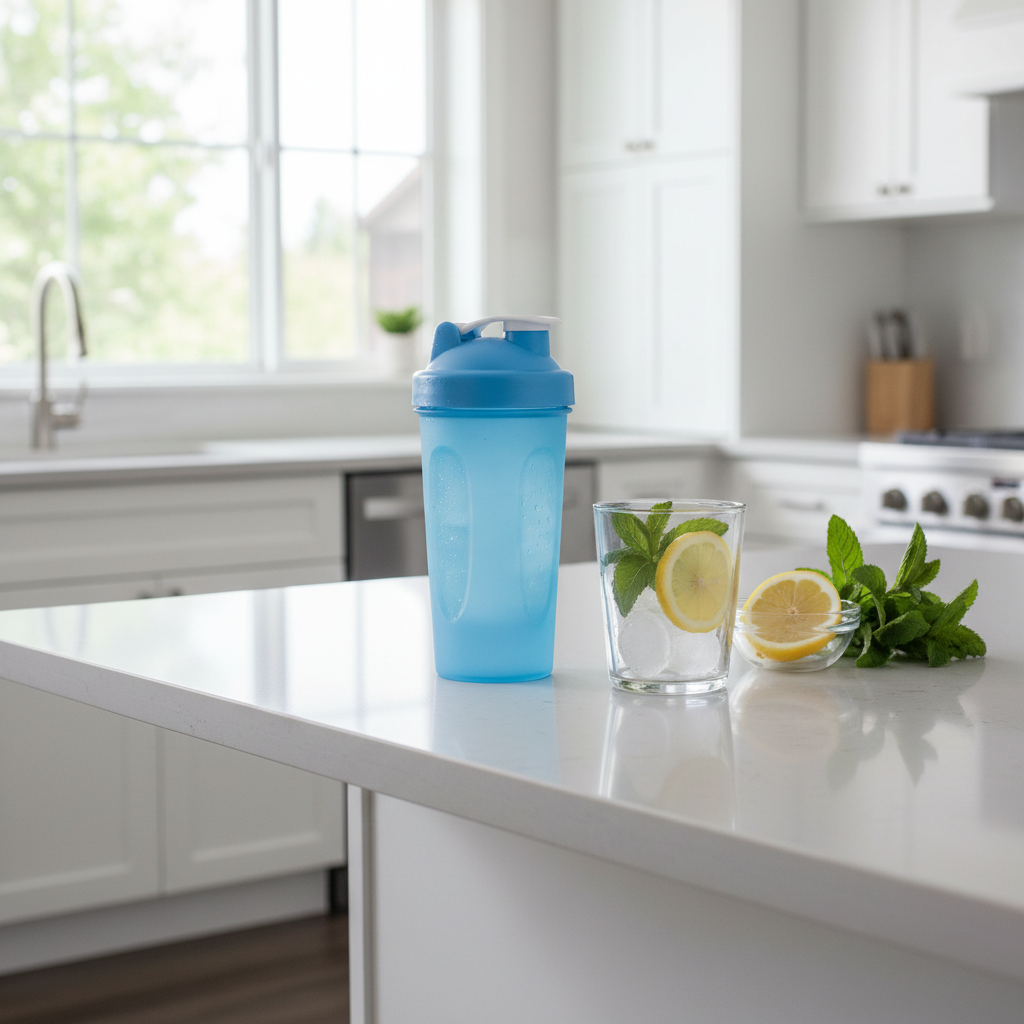 Modern kitchen island with powder blue shaker bottle next to fresh lemons, mint leaves, and reusable ice cubes